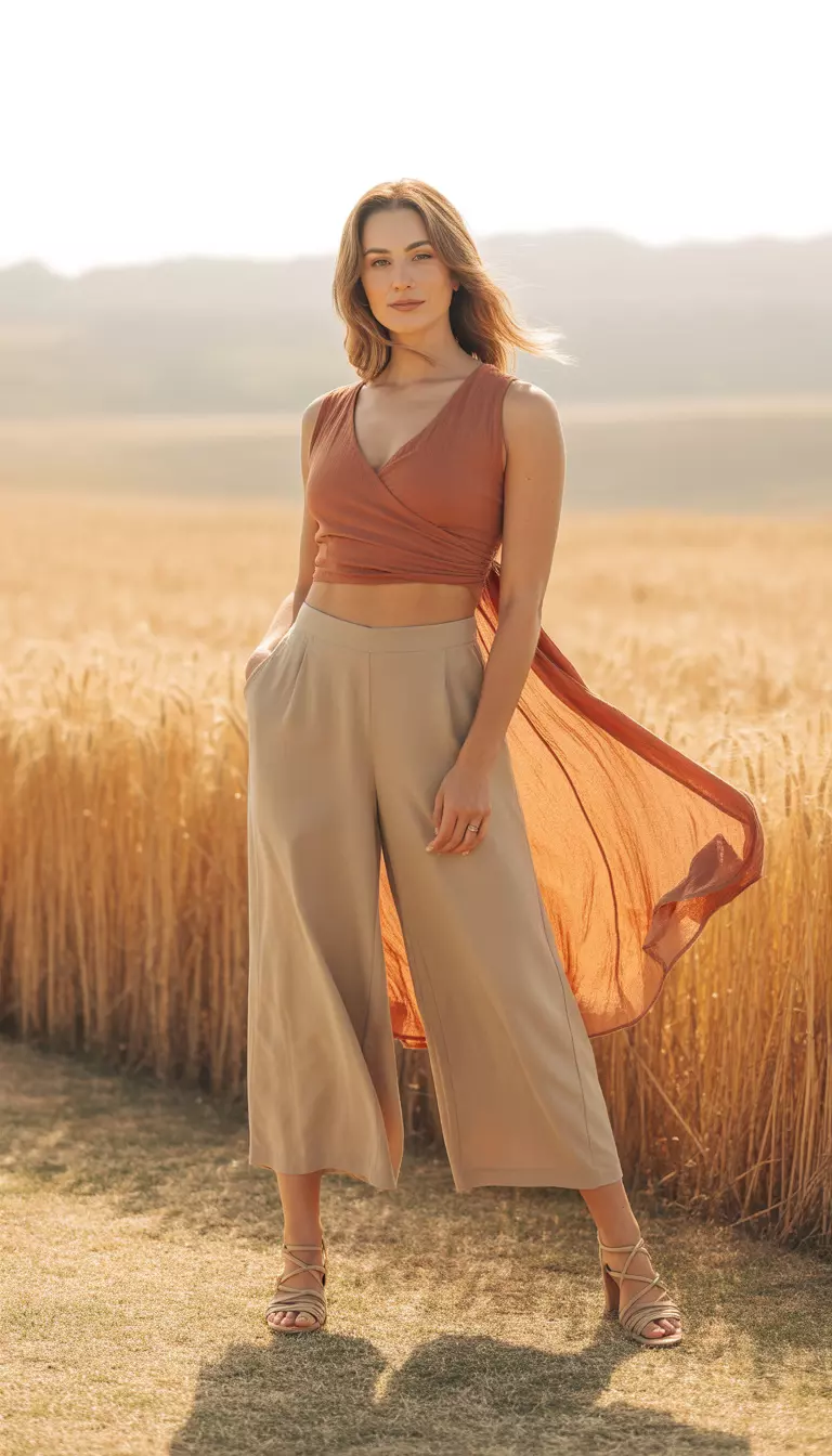 Terracotta Wrap Top and Culottes A beautiful woman in a terracotta wrap crop top, neutral beige wide-leg culottes, and strappy tan sandals.