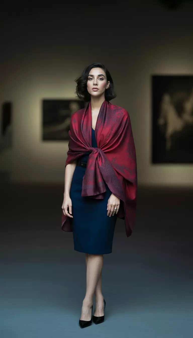 Deep Red Scarf Top and Pencil Skirt A beautiful woman in a deep red printed scarf top, a navy blue pencil skirt, and black pointed-toe pumps.