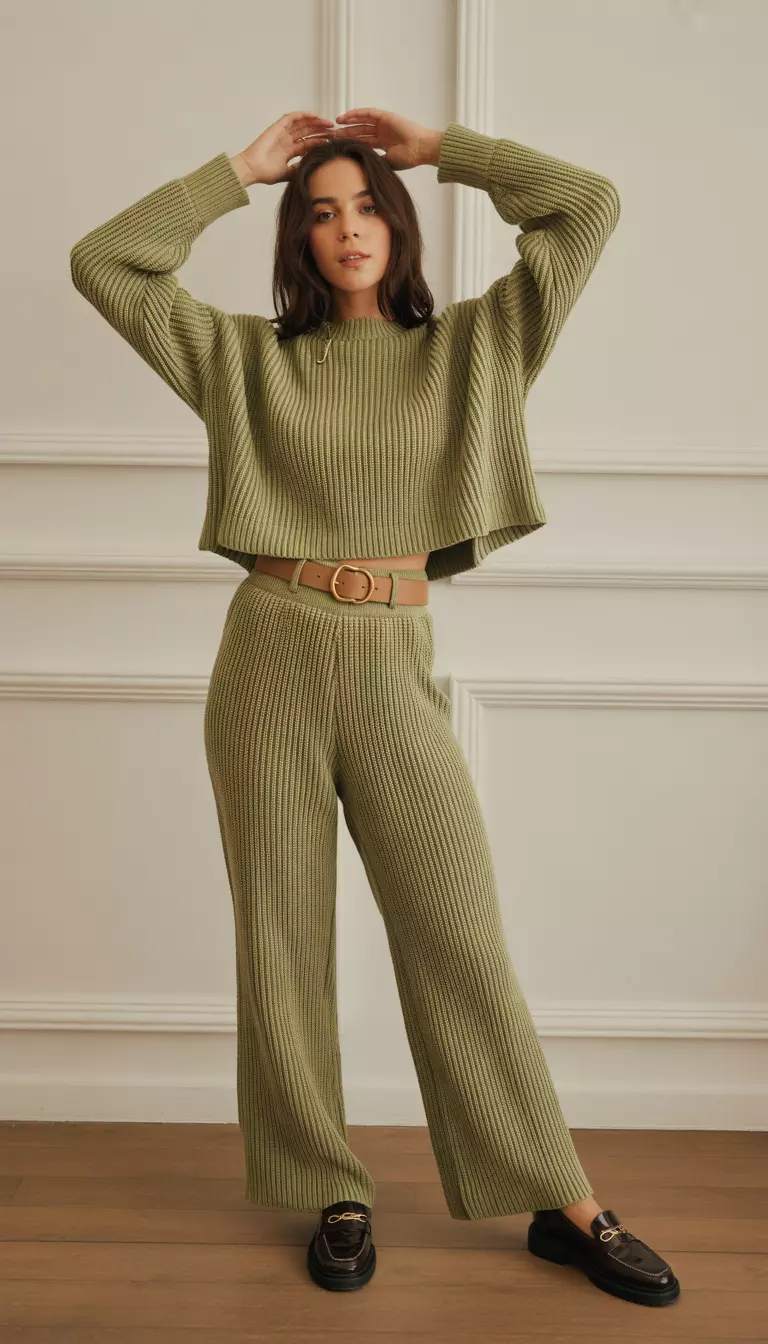 Moss Green Knit Set A beautiful woman in a moss green knit set with a cropped sweater and matching wide-leg pants, a tan leather belt, and dark brown loafers.