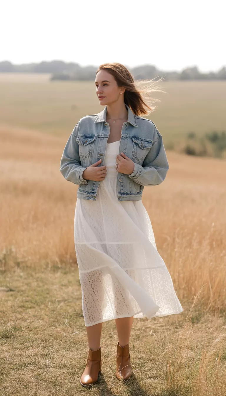 White Lace Midi Dress with Denim A beautiful woman in a white lace midi dress, a light wash denim jacket, and brown leather ankle boots.