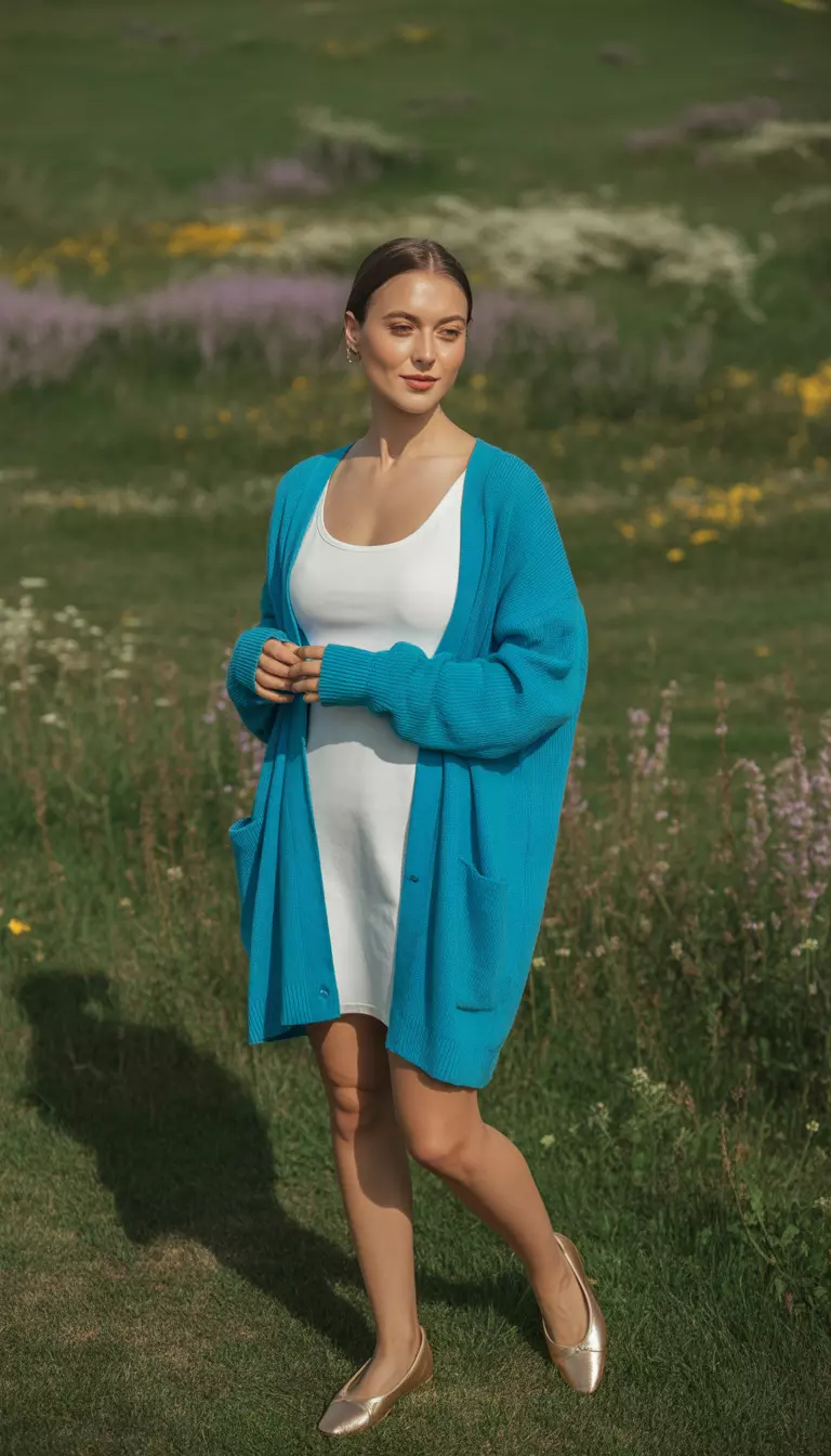 Turquoise Cardigan Over Tank Dress A beautiful woman in a vibrant turquoise oversized cardigan, a simple white tank dress, and light gold ballet flats.