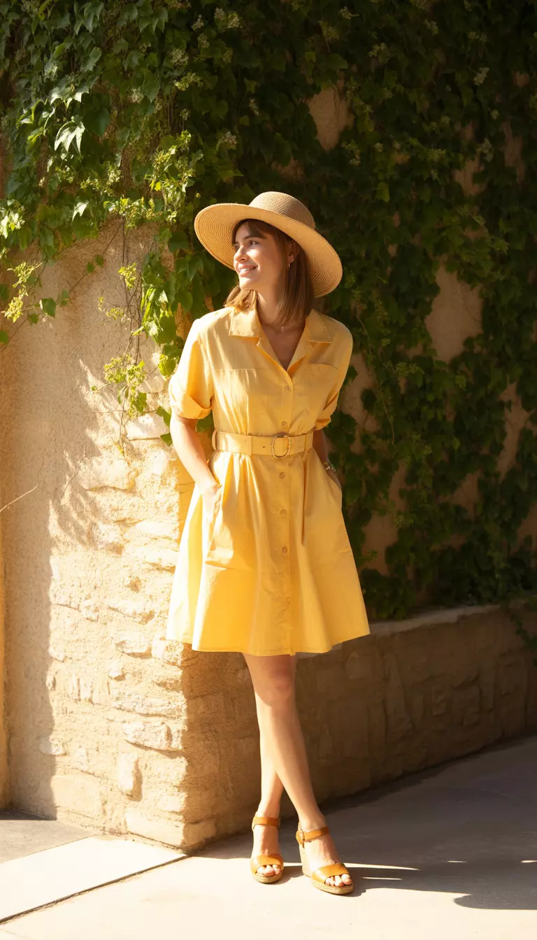 Bright Yellow Belted Shirt Dress A beautiful woman in a bright yellow belted A-line shirt dress, tan wedges, and a straw sun hat.