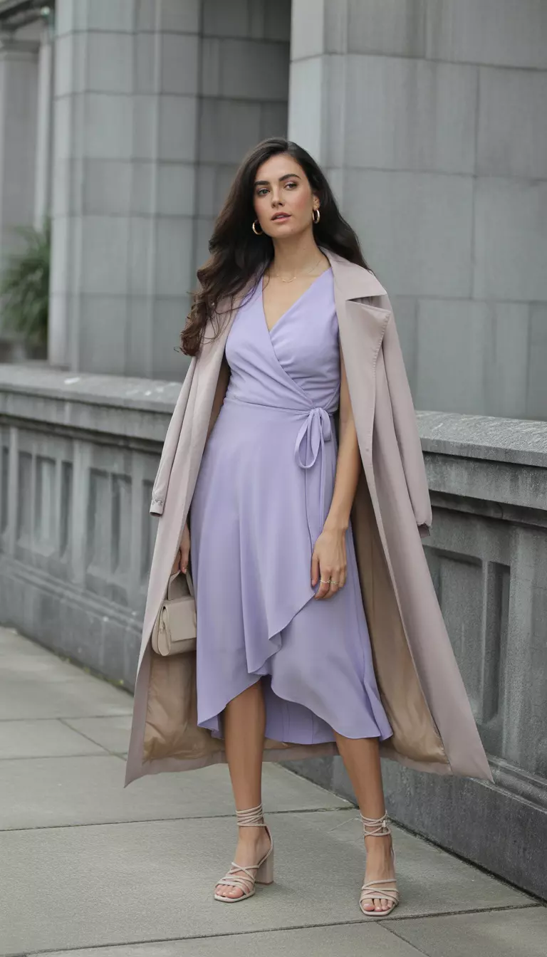 Lavender Wrap Dress Ensemble A beautiful woman in a soft lavender chiffon wrap dress, nude strappy block heels, a light beige trench coat, and small gold hoop earrings.