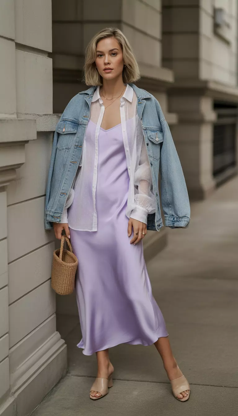 Soft Lavender Slip Dress Layered A beautiful woman in a soft lavender slip dress, a sheer white blouse worn over it, a light denim jacket, and nude mules.