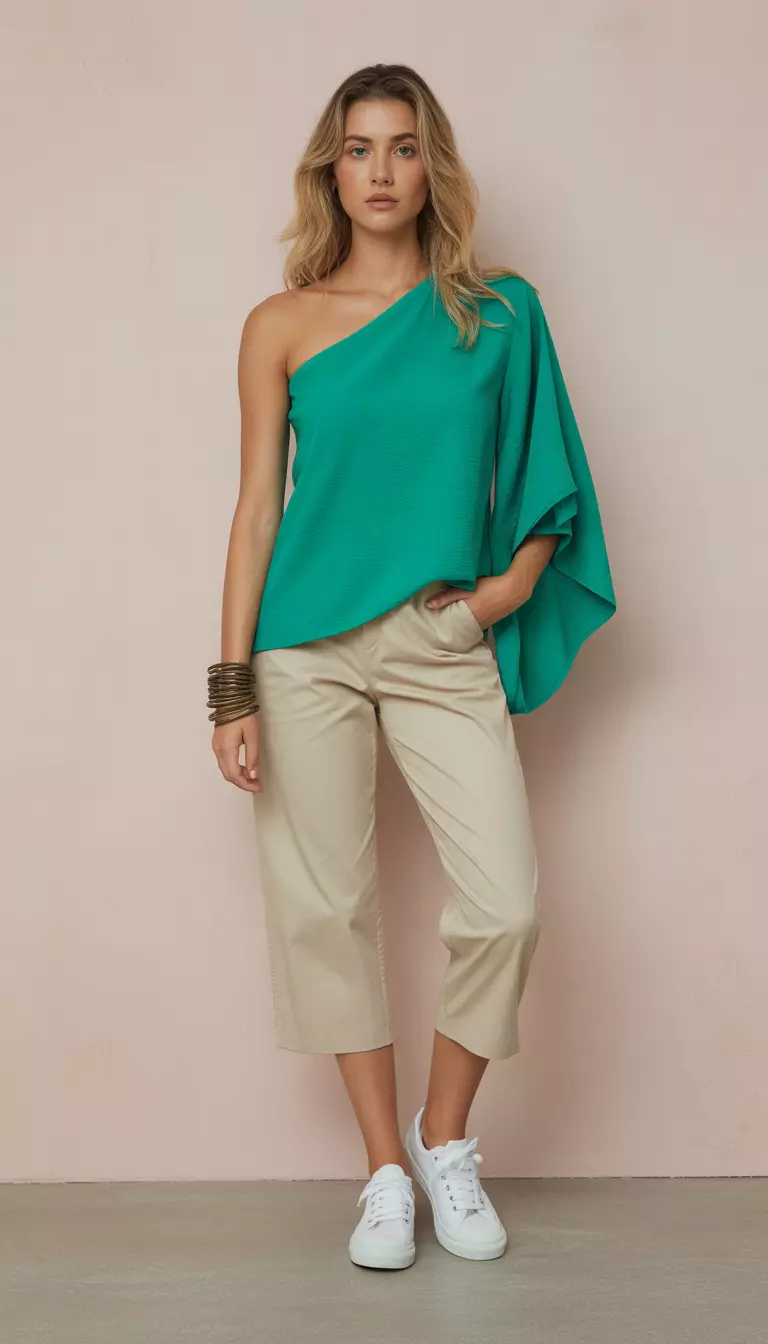 Emerald Green Asymmetrical Blouse and Capris A beautiful woman in an emerald green asymmetrical hem one-shoulder blouse, beige capri pants, white canvas sneakers, and metallic bronze bracelets.