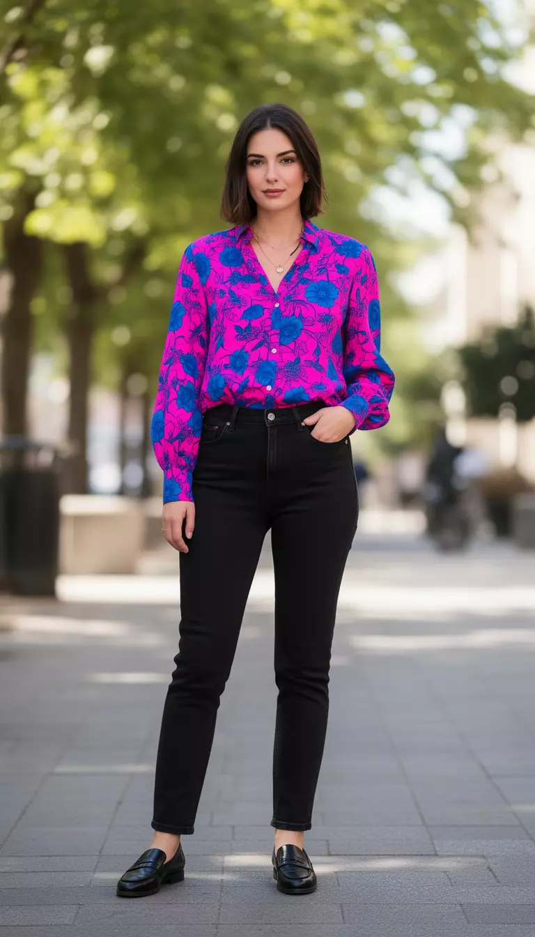 A beautiful woman in a vibrant electric pink and blue floral blouse, black high-waisted straight-leg jeans, and black loafers.