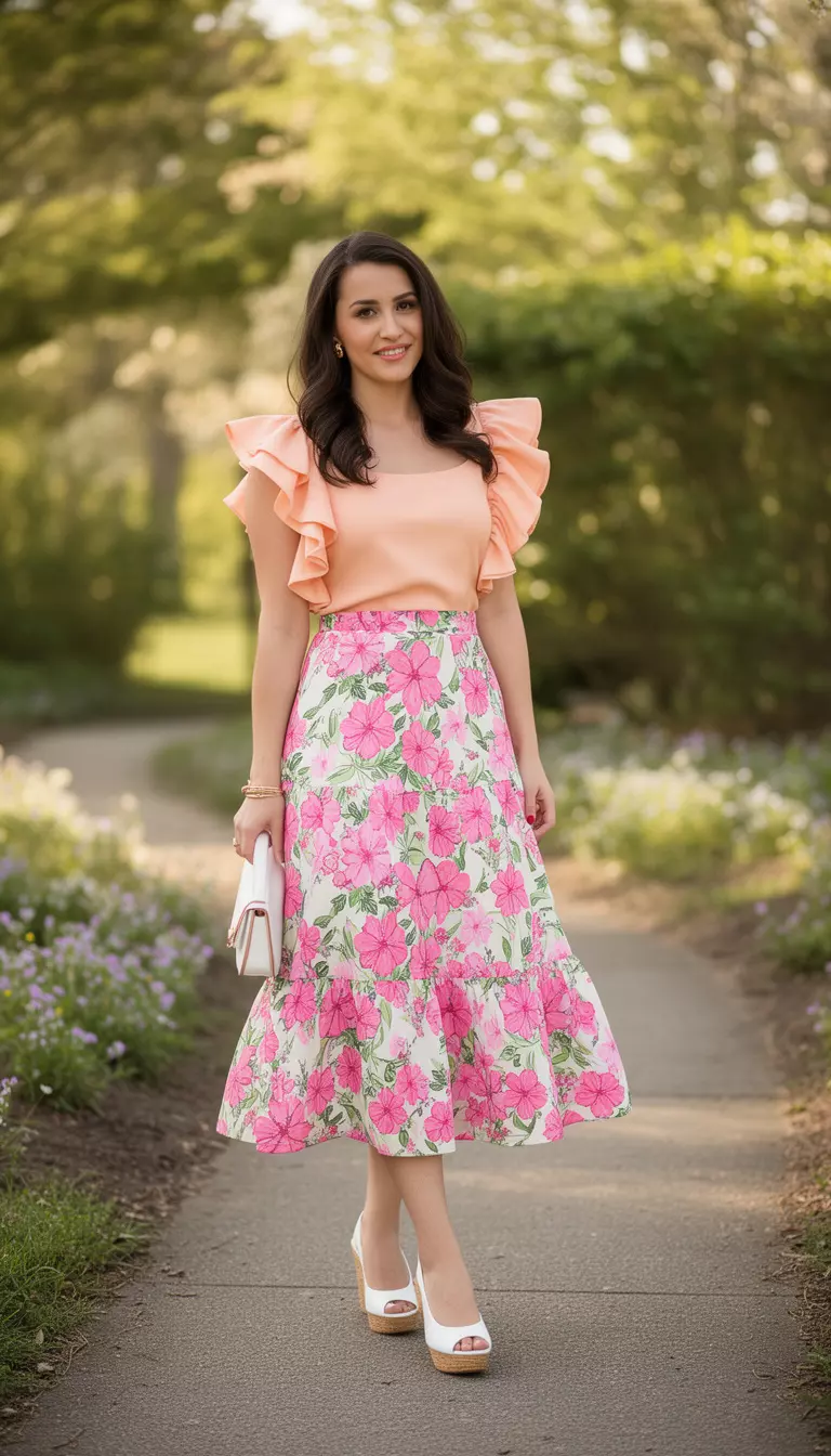 Peach Ruffle Sleeve Top and Midi Skirt A beautiful woman in a peach ruffle sleeve top, a floral print midi skirt with pink and green accents, and white wedges.