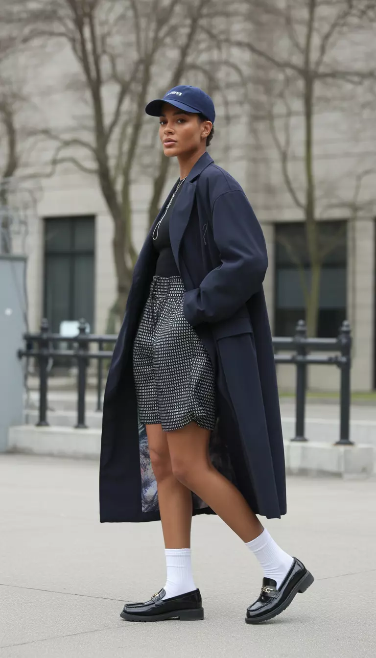 A beautiful black woman in a long navy overcoat, loose patterned shorts, white socks, and black leather loafers, she wears a navy baseball cap.