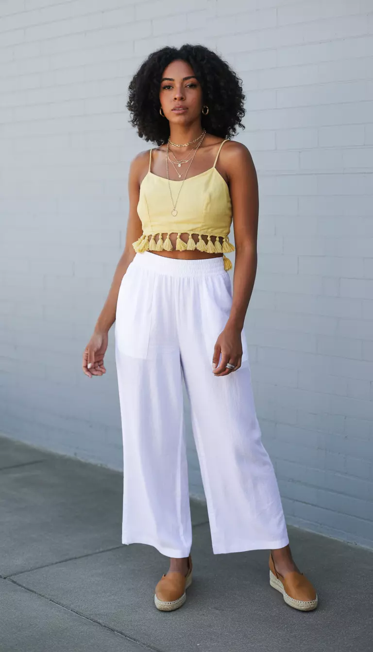 A beautiful black woman in a canary yellow tassel crop top, white wide-leg pants, and tan espadrilles, she wears layered gold necklaces.