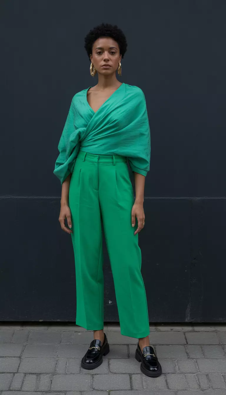 A beautiful black woman in a phthalo green draped blouse, matching phthalo green trousers, and black leather loafers, she wears statement gold earrings.