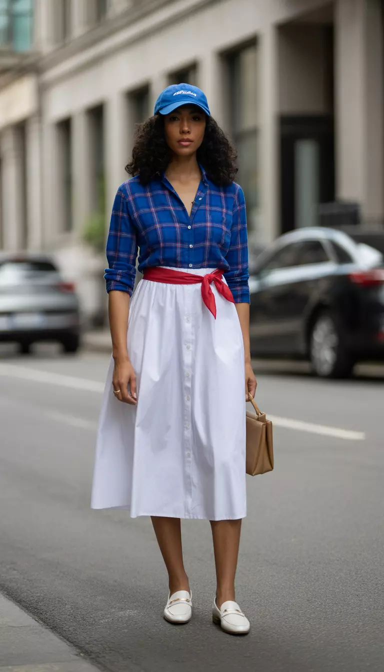A beautiful black woman in a blue plaid button-down shirt tucked into a white midi skirt with a red scarf belt, she wears white loafers and a blue baseball cap.
