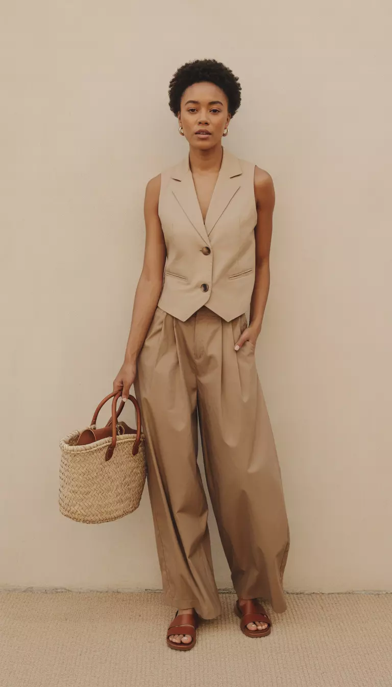 A beautiful black woman in a tan neutral vest, billowing brown trousers, and brown leather sandals, she carries a woven straw bag.