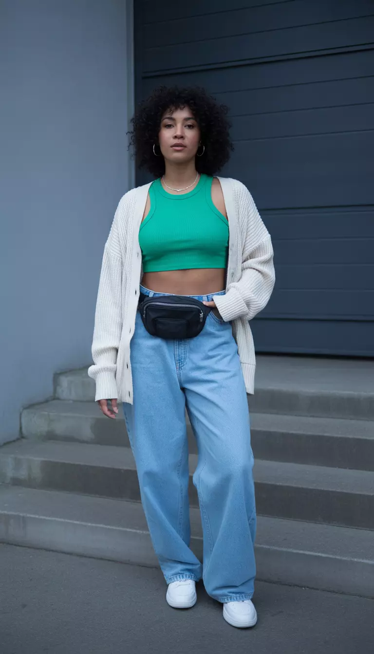 A beautiful black woman in baggy blue jeans, a bold teal crop top, a white preppy cardigan, and white sneakers, she carries a black belt bag.