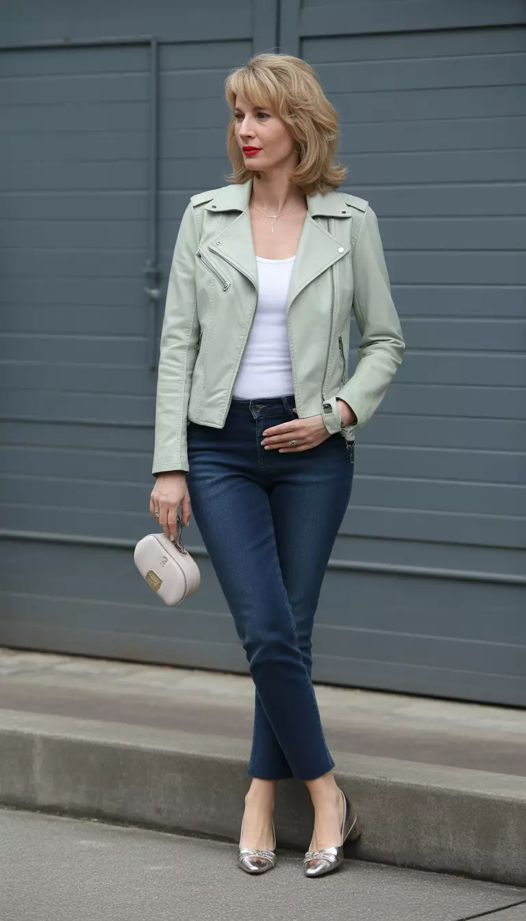 A beautiful 54-year-old woman in a light sage green leather jacket, a white top, dark blue jeans, and metallic flat shoes.