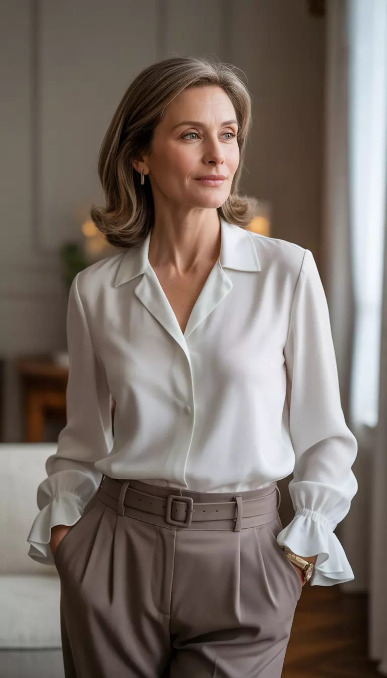 A beautiful 52-year-old woman in a white ruffled-cuff blouse, high-waisted taupe belted trousers, and brown pumps.