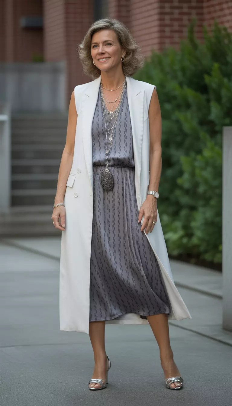 A beautiful 57-year-old woman in a medium gray patterned dress, long white sleeveless blazer, silver layered necklaces, and silver heels.