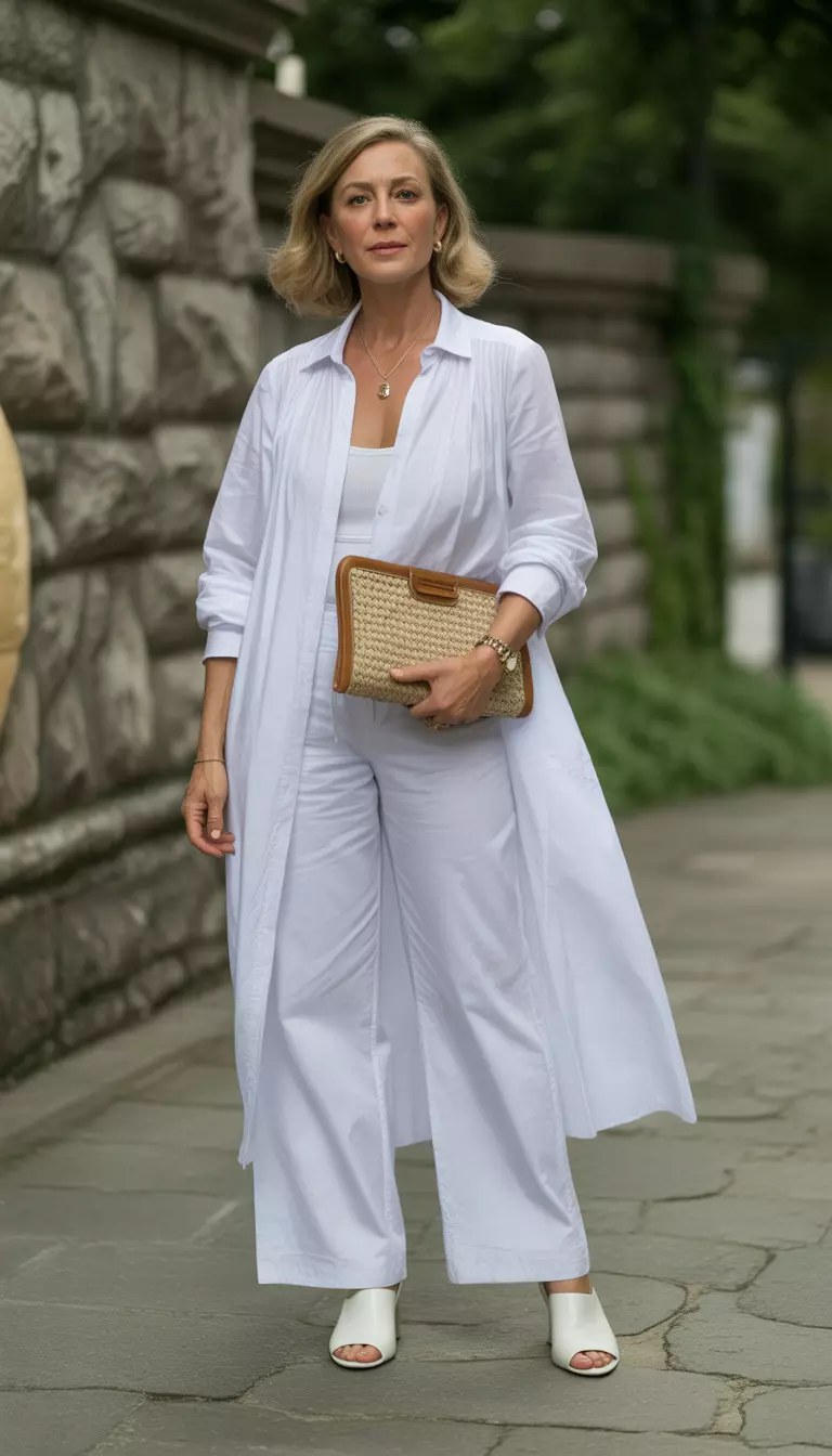 A beautiful 59-year-old woman in an all-white outfit featuring wide-leg trousers, a long flowing tunic top, a woven clutch with tan trim, and white open-toed shoes.