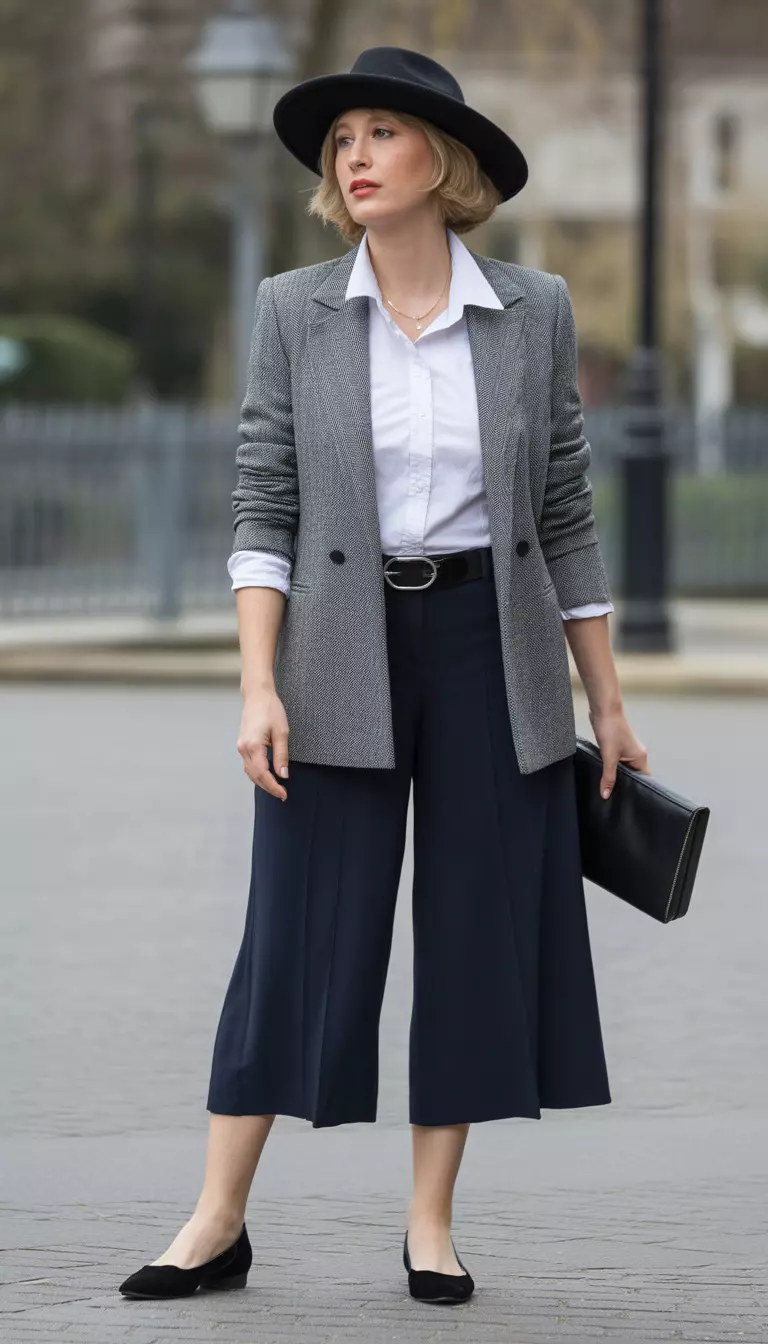 A beautiful 57-year-old woman in a black wide-brimmed hat, white collared shirt, gray tweed blazer, navy culottes, and black flat shoes.