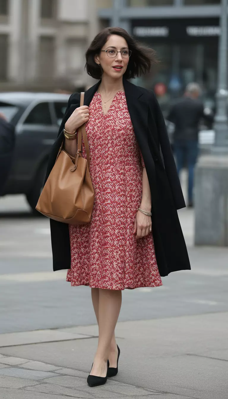 A beautiful 55-year-old woman in a red and white floral print knee-length dress, black open coat, black pointed flats, and a tan leather shoulder bag.