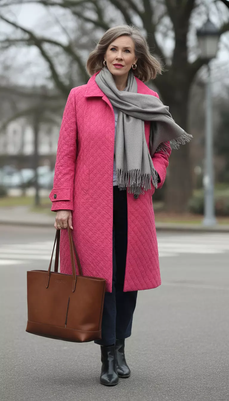 A beautiful 51-year-old woman in a bright pink textured coat, gray scarf, dark pants, black ankle boots, and a large brown leather tote bag.