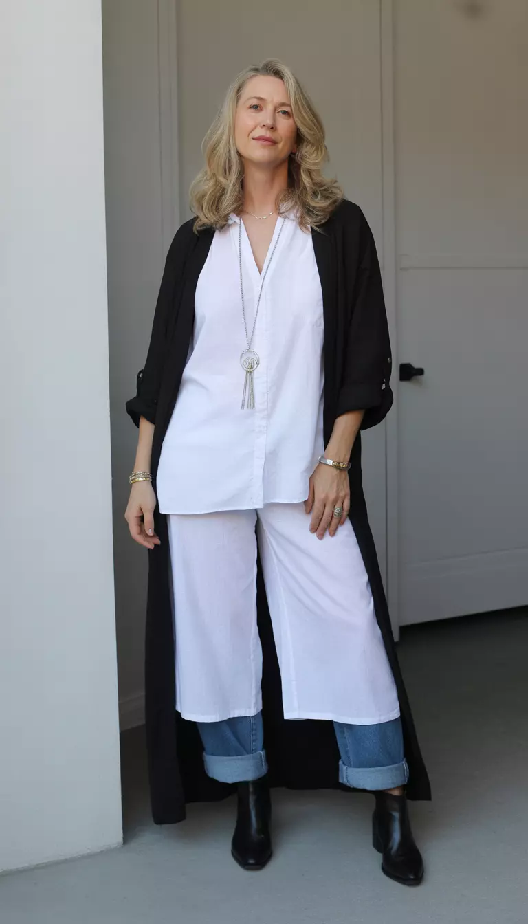 A beautiful 53-year-old woman in a white long sleeveless tunic, wide-leg white pants, a long black open cardigan, cuffed blue jeans, and black ankle boots.