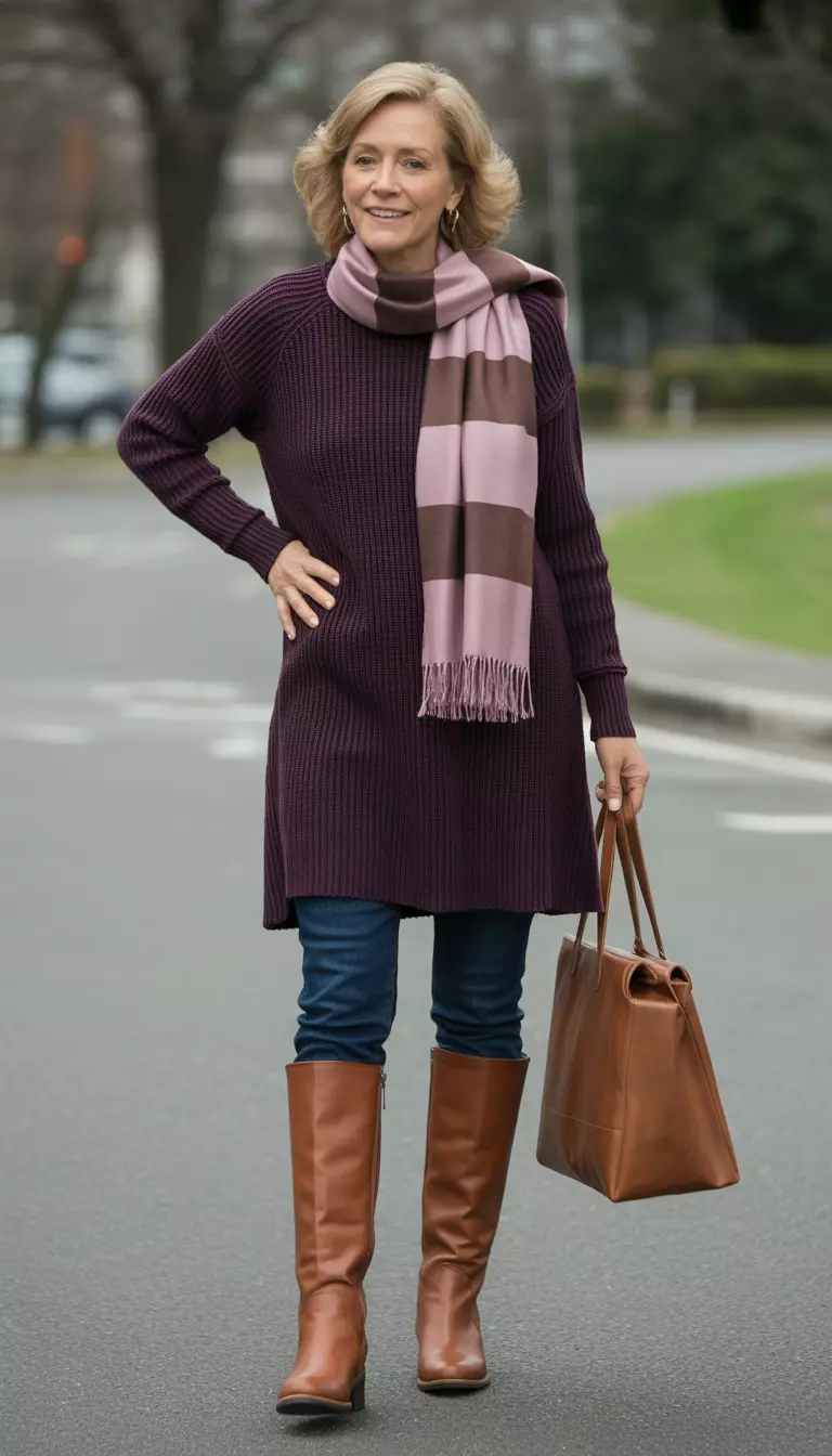 A beautiful 59-year-old woman in a long dark plum tunic sweater, blue jeans, tall brown leather boots, and a muted pink and brown striped scarf.