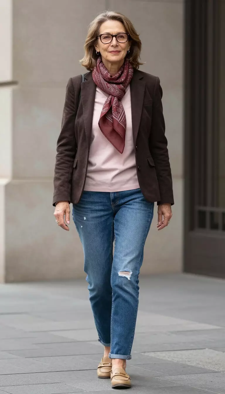 A beautiful 64-year-old woman in a light pink top, a dark brown blazer, a patterned reddish-brown scarf, distressed blue jeans, and tan loafers.