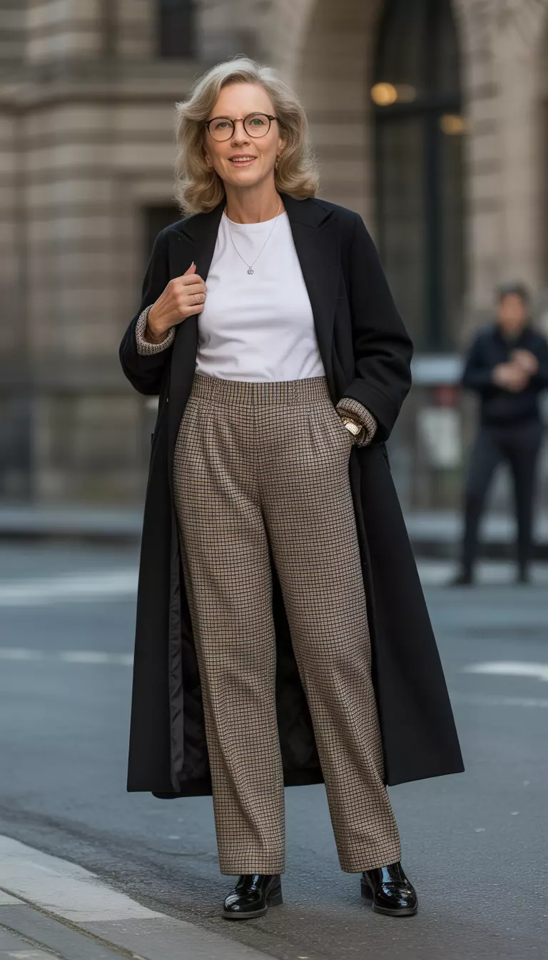 Plaid For The Modern Woman A beautiful 69-year-old woman in a white top, a long black coat, brown and tan plaid trousers, and black shoes.