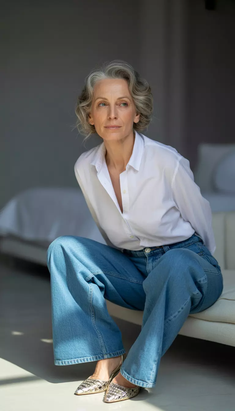 High Waisted Confidence A beautiful 66-year-old woman in a white button-down shirt, high-waisted wide-leg blue jeans, and metallic patterned shoes.