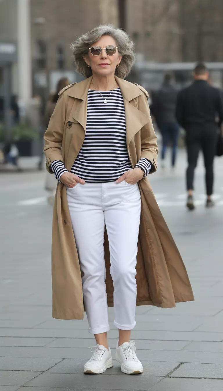Artistic Layers For Gallery Days A beautiful 65-year-old woman in a black and white striped top, a tan trench coat, white slim pants, and white sneakers.