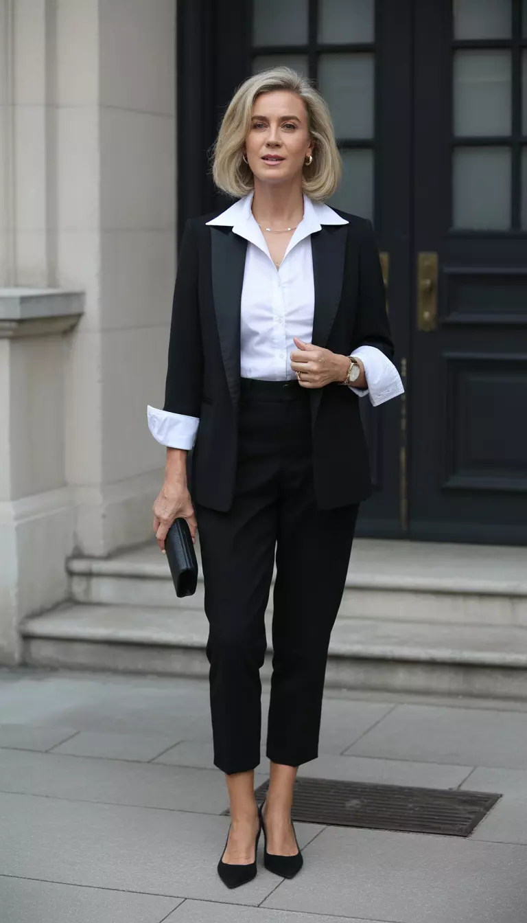 Oversized Cuffs And Tailored Lines A beautiful 65-year-old woman in a white collared shirt with long white cuffs, a black blazer, cropped black trousers, and a black clutch.