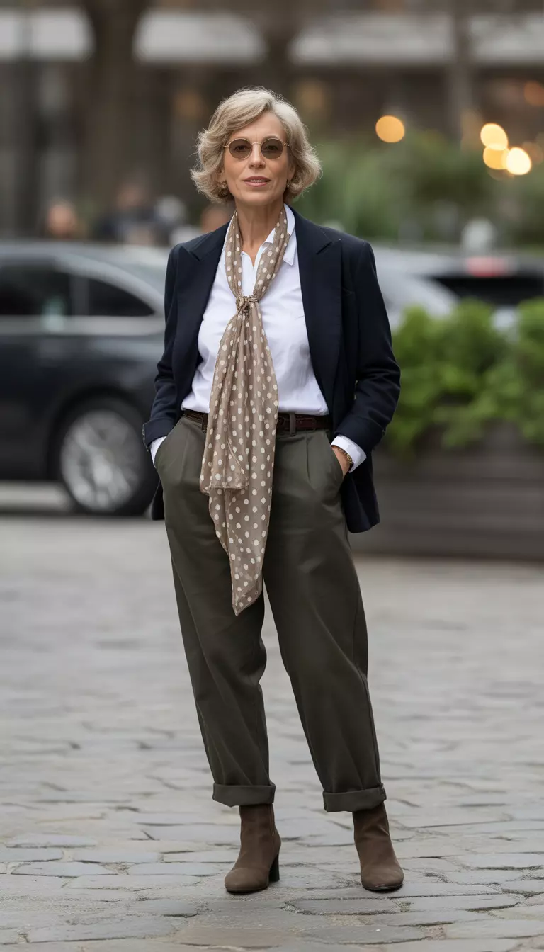 Olive Tones And Polka Dots A beautiful 67-year-old woman in a white shirt, a dark blazer, a polka-dot beige scarf, dark olive green slouchy trousers, and brown ankle boots.