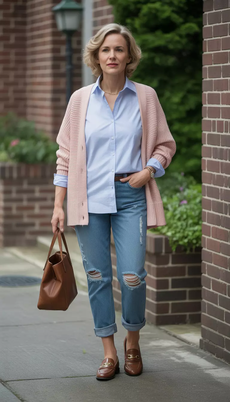 Pastel Comfort And Loafers A beautiful 61-year-old woman in a light blue button-down shirt, a soft pink cardigan, distressed cuffed blue jeans, and brown loafers.