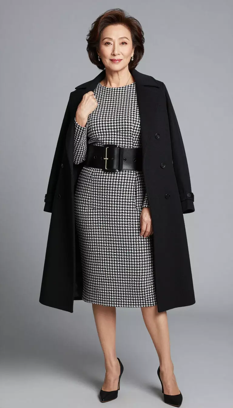The Power Of Houndstooth A beautiful 68-year-old woman in a black and white houndstooth dress, a wide black belt, a long black coat, and black heels.