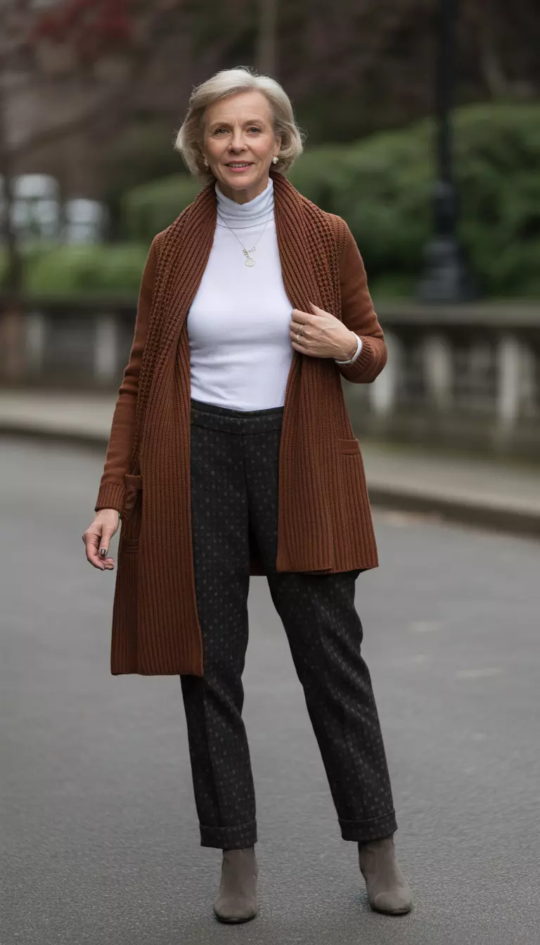 Monochromatic Warmth In Earth Tones A beautiful 67-year-old woman in a white turtleneck, a brown knit cardigan, a matching brown scarf, patterned dark trousers, and grayish-brown ankle booties.