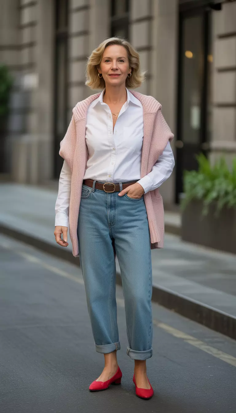 Soft Knits And Bold Steps A beautiful 61-year-old woman in a white button-down shirt, a light pink knit jacket, cuffed baggy blue jeans, a brown belt, and bright red flats.