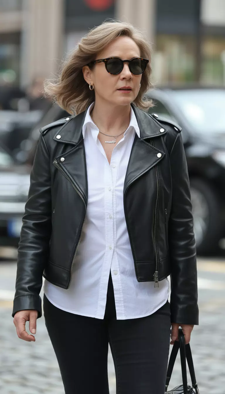 The Polished Rebel A beautiful 60-year-old woman in a white shirt, a black leather motorcycle jacket, black pants, dark sunglasses, and a small black shoulder bag.