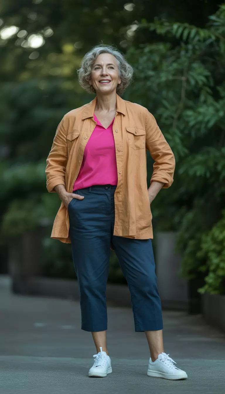 Pop Of Pink For Errands A beautiful 63-year-old woman in a bright pink top, a tan jacket, dark blue cropped pants, and white sneakers.