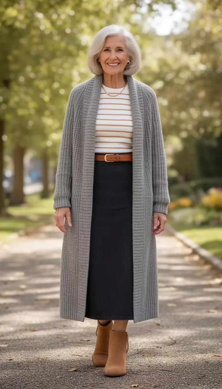 A beautiful 68-year-old woman in a white and tan striped top, a long textured gray knit cardigan, a dark skirt, a brown belt, and tan ankle boots.