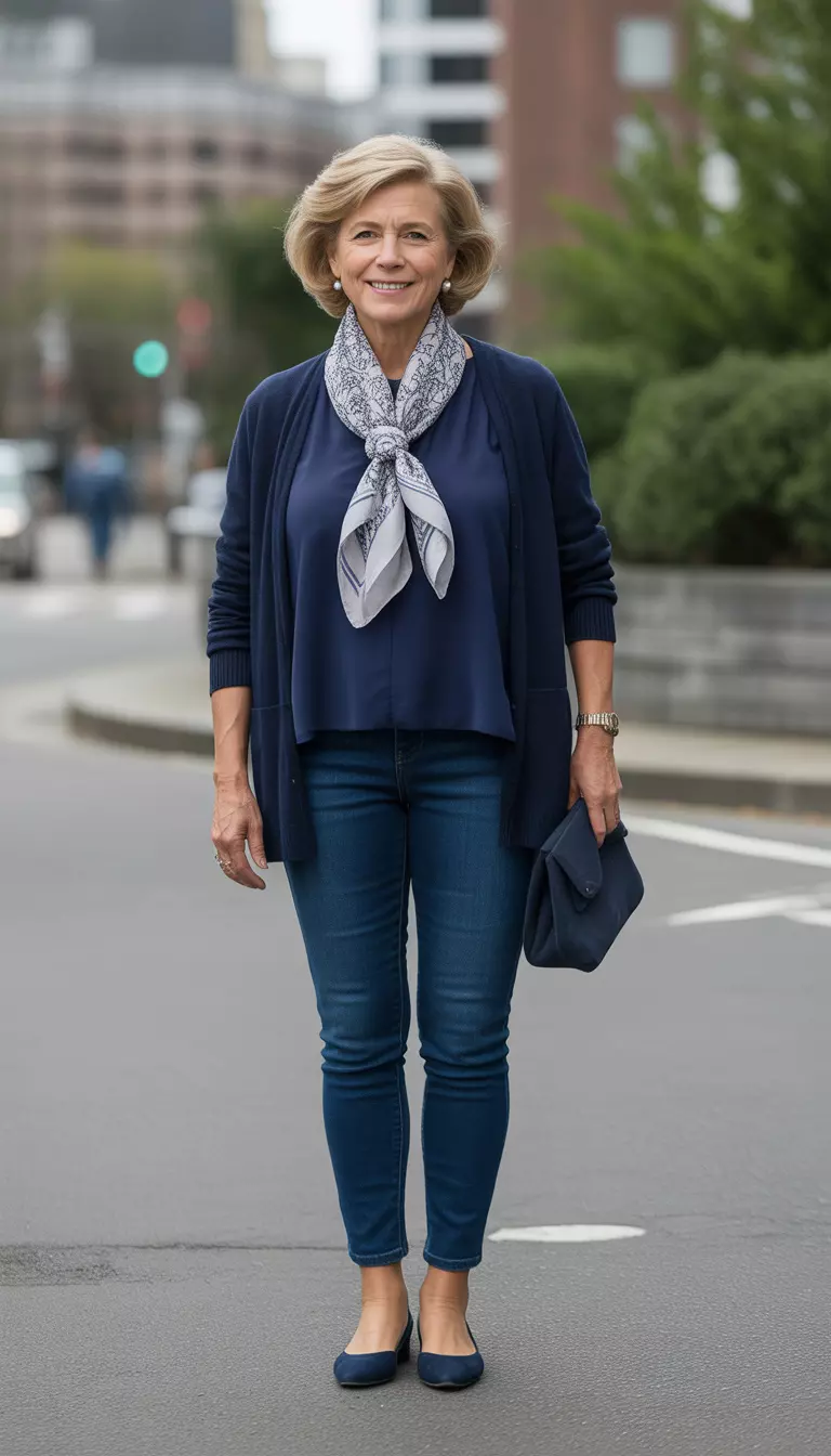 Tonal Blue Composure A beautiful 62-year-old woman in a dark blue top, skinny blue jeans, a navy cardigan, a white and gray patterned scarf, and navy flats.