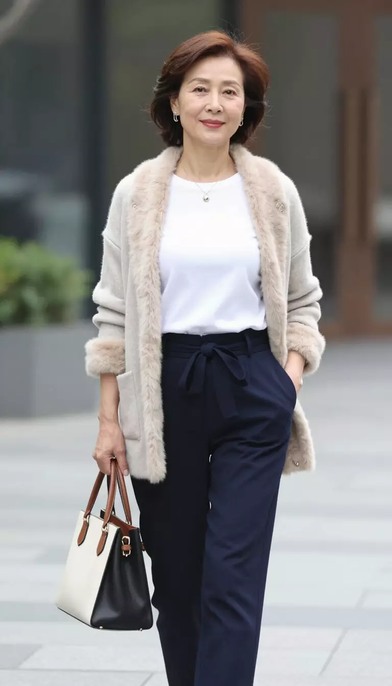 Luxurious Layers In Beige And Navy A beautiful 69-year-old woman in a white top, a light beige cardigan with light tan fur trim, navy blue belted trousers, and a tan black and white handbag.
