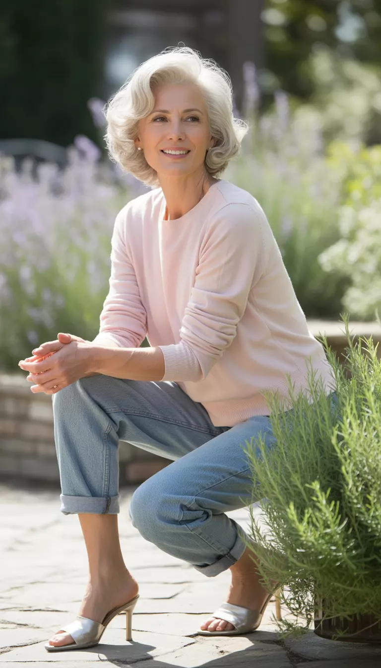Silver Mules And Pink Sweaters A beautiful 66-year-old woman with white hair in a pale pink sweater, cuffed boyfriend jeans, and silver high-heeled mules.