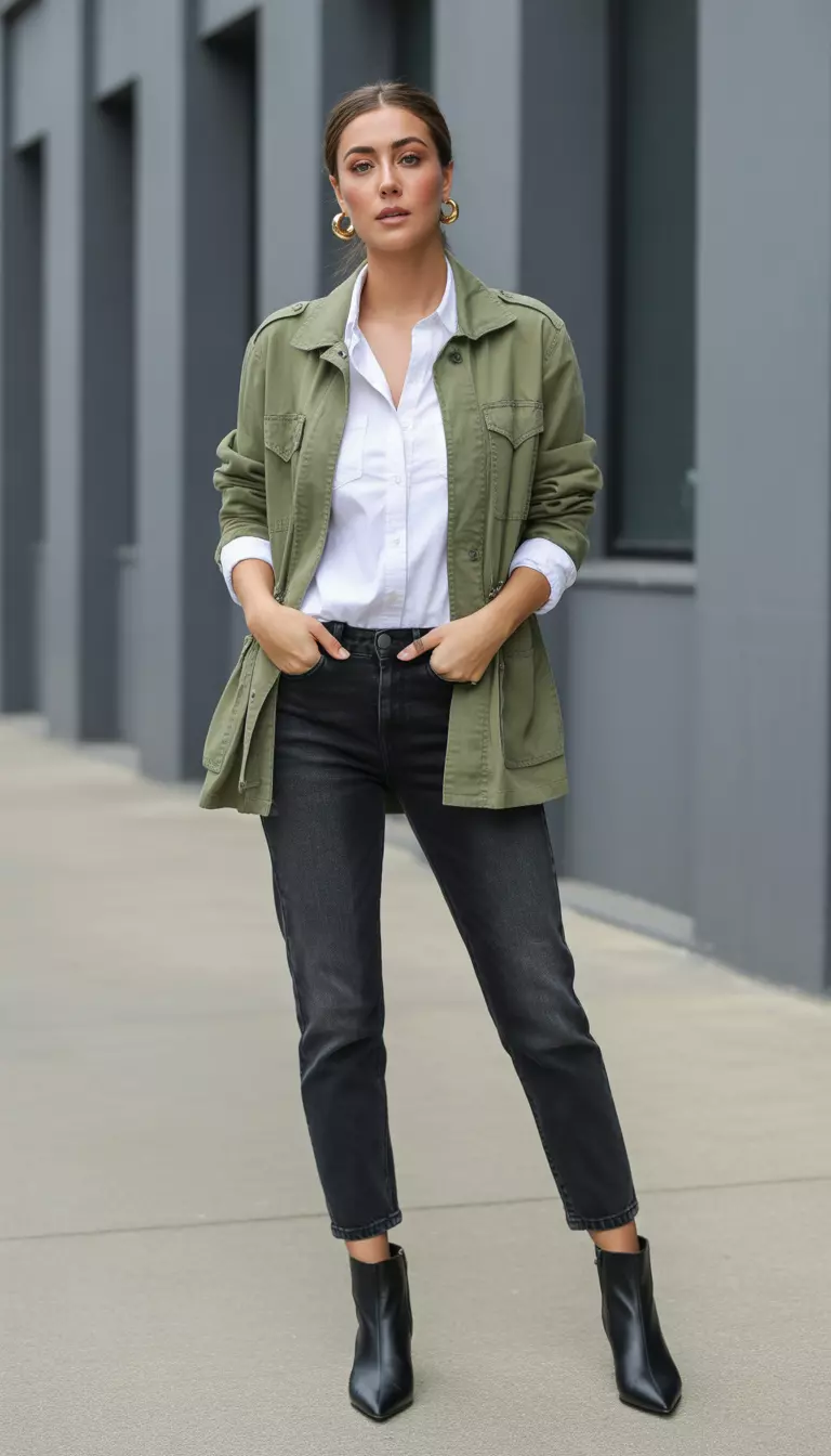 Slim Bootcut Jeans with Pointed Boots A beautiful woman in an olive green utility jacket over a white button-down shirt, faded black slim bootcut jeans, and black pointed-toe ankle boots, she wears gold hoop earrings.