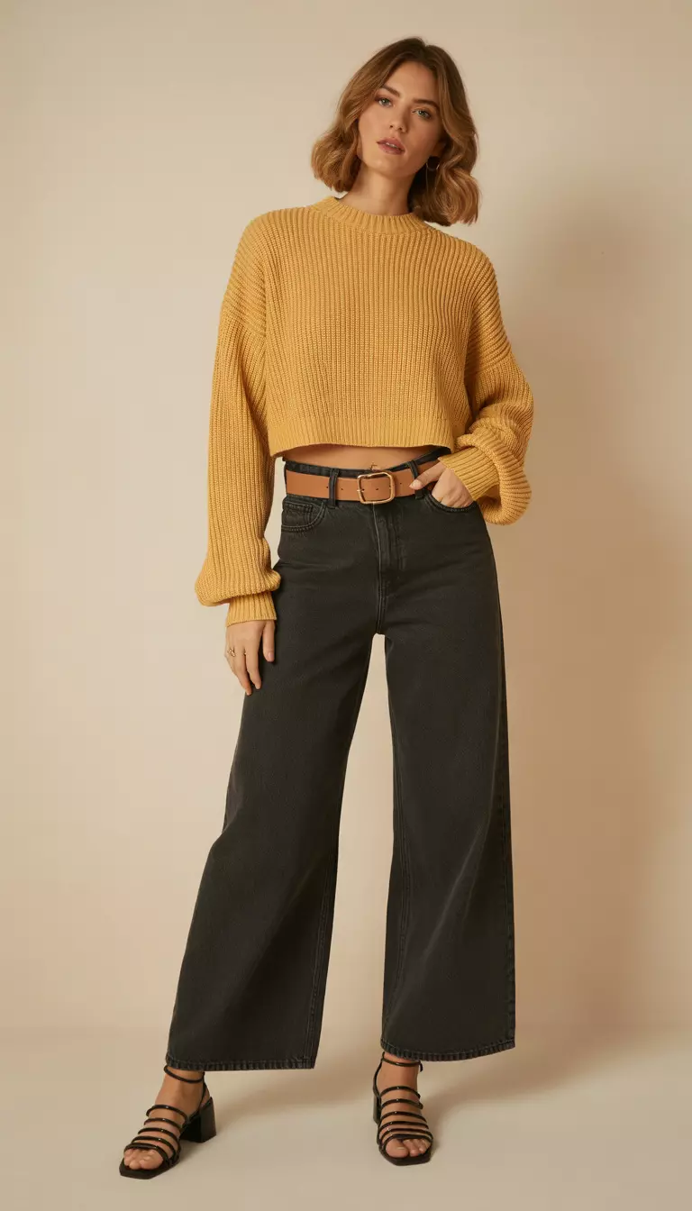 Wide-Leg Jeans with Cropped Sweater A beautiful woman in a cropped mustard yellow sweater, dark wash wide-leg jeans, a tan belt, and strappy black sandals.