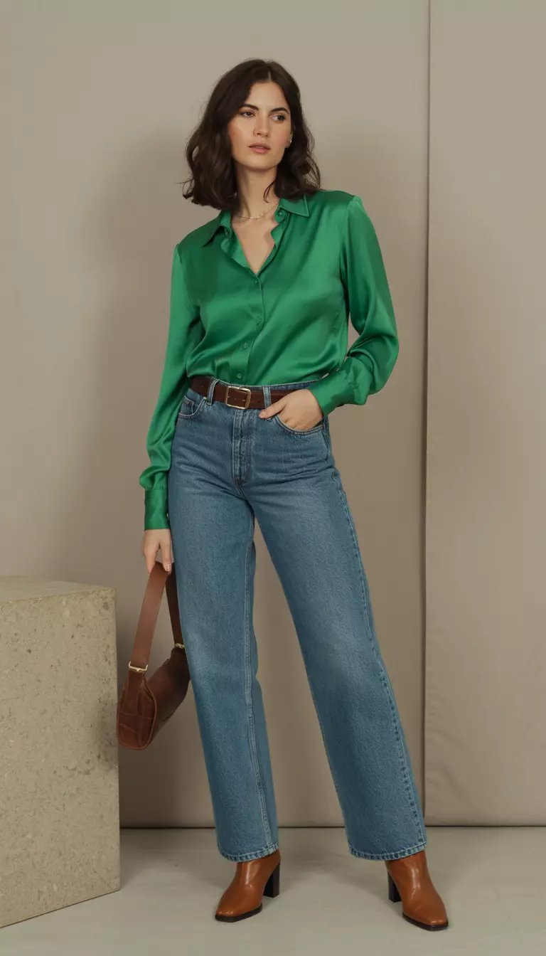 Rigid Selvedge Jeans and Silk Blouse A beautiful woman in an emerald green silk blouse, raw indigo rigid selvedge jeans, a brown leather belt, and chestnut heeled boots.