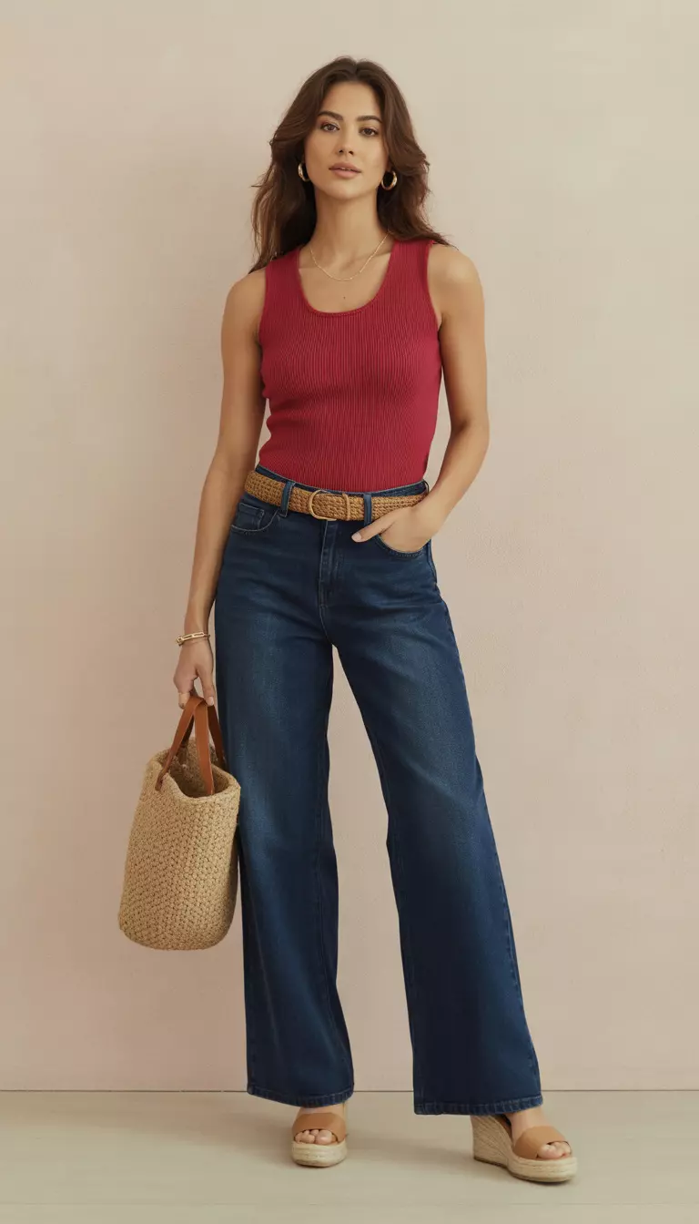 Dark-Wash Wide-Leg Jeans and Cherry Red Top A beautiful woman in a fitted cherry red knit top, deep dark wash wide-leg jeans, a tan woven belt, and neutral espadrille wedges, she wears minimal gold jewelry.