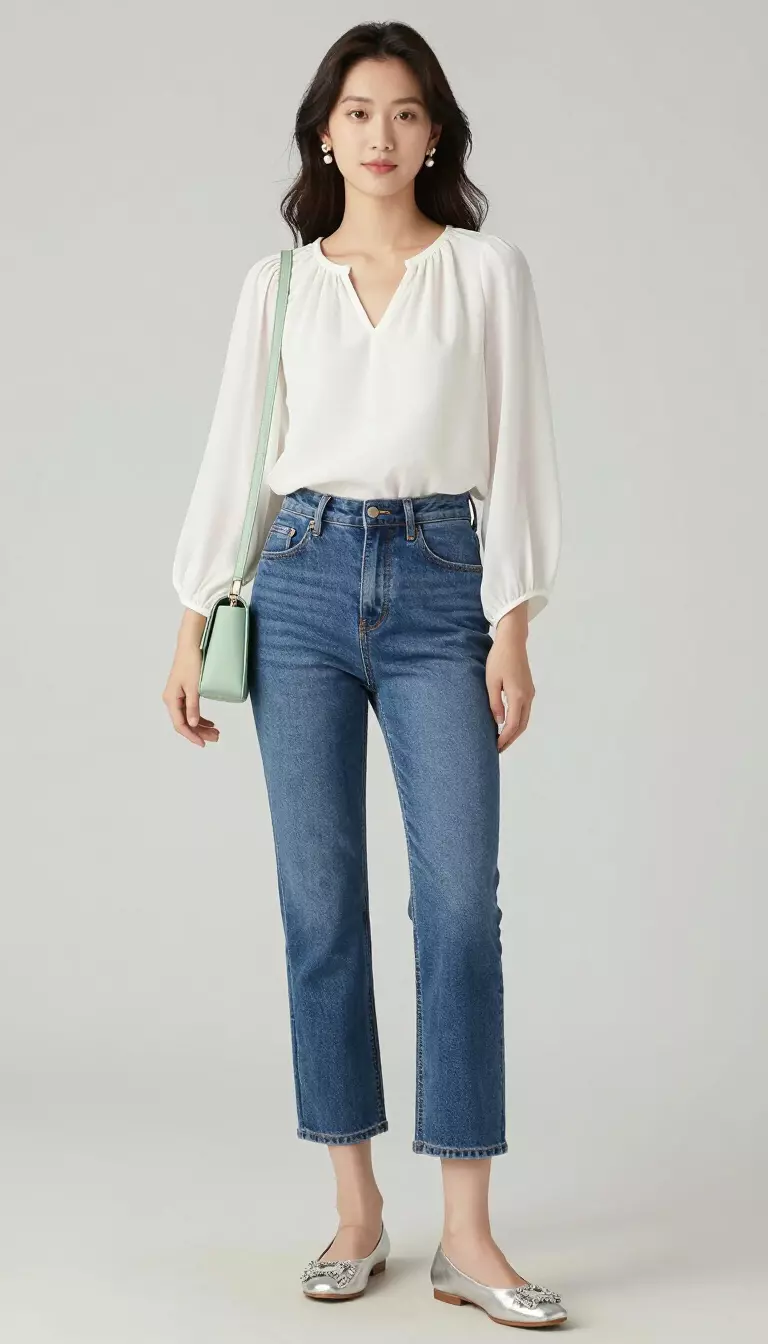 A beautiful woman in a flowy white chiffon blouse, medium blue cropped straight-leg jeans, silver embellished ballet flats, and a pastel green crossbody bag, she wears pearl earrings.