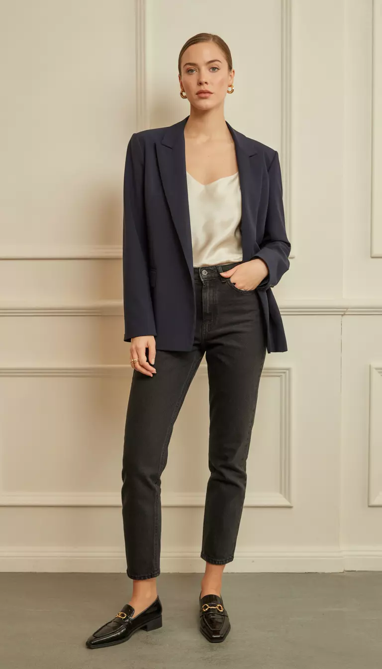 Stovepipe Jeans and Tailored Blazer A beautiful woman in a navy tailored blazer, silk cream camisole, slim black stovepipe jeans, and black pointed loafers, she wears gold stud earrings.