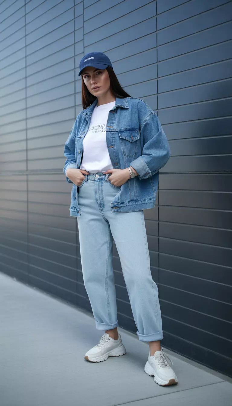 Light-Wash Relaxed Jeans with Graphic Tee A beautiful woman in a faded blue denim jacket over a white graphic tee, light-wash relaxed-fit jeans rolled at the ankles, and chunky white sneakers, she wears a navy baseball cap.