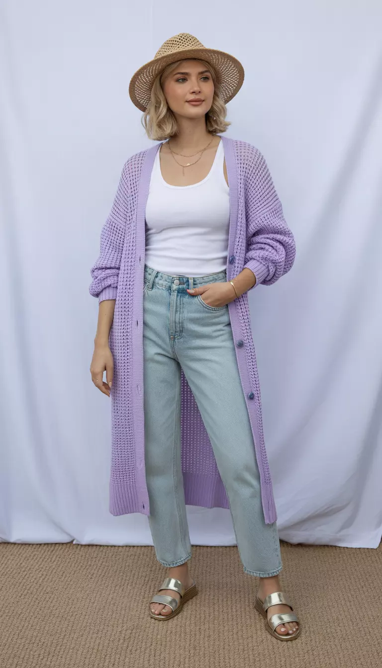 Washed-Out Jeans with Pastel Cardigan A beautiful woman in a lavender pastel cardigan over a white tank top, washed-out pale blue jeans, gold sandals, and a woven straw hat.